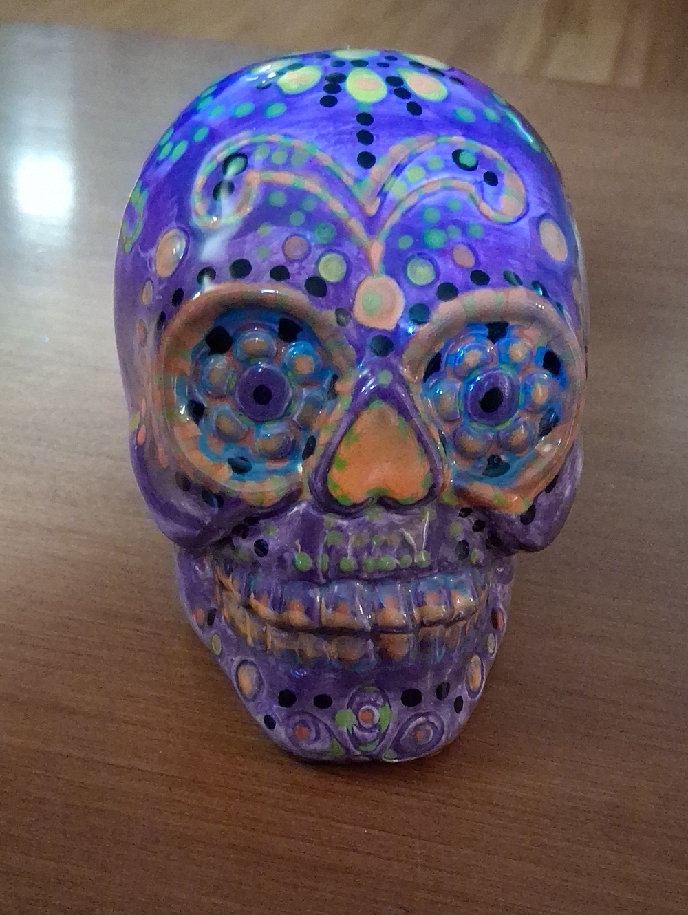 Mexican Style Decorative Purple Hand-Painted Sugar Skull Accent 4"